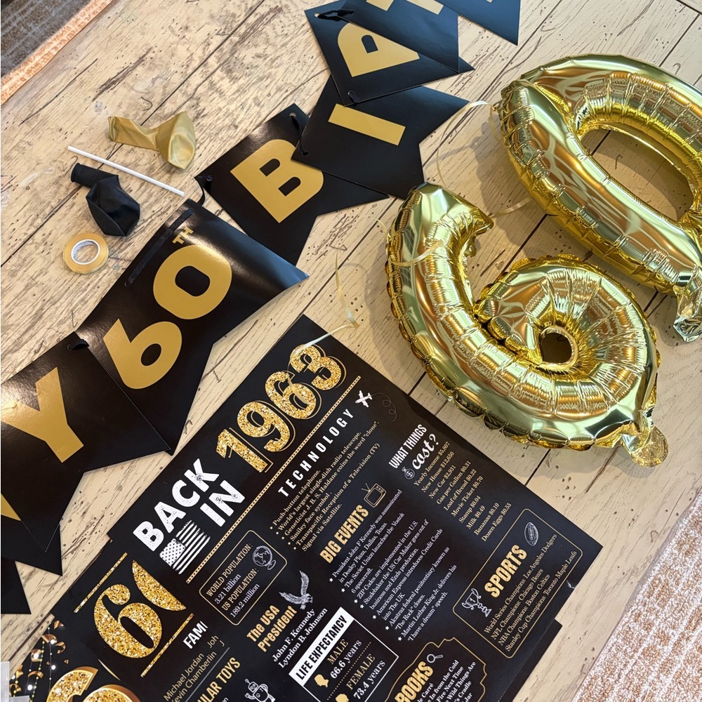 60th Celebration Gold Foil Numbers, Banner, Balloons, 3 Posters, Ribbon